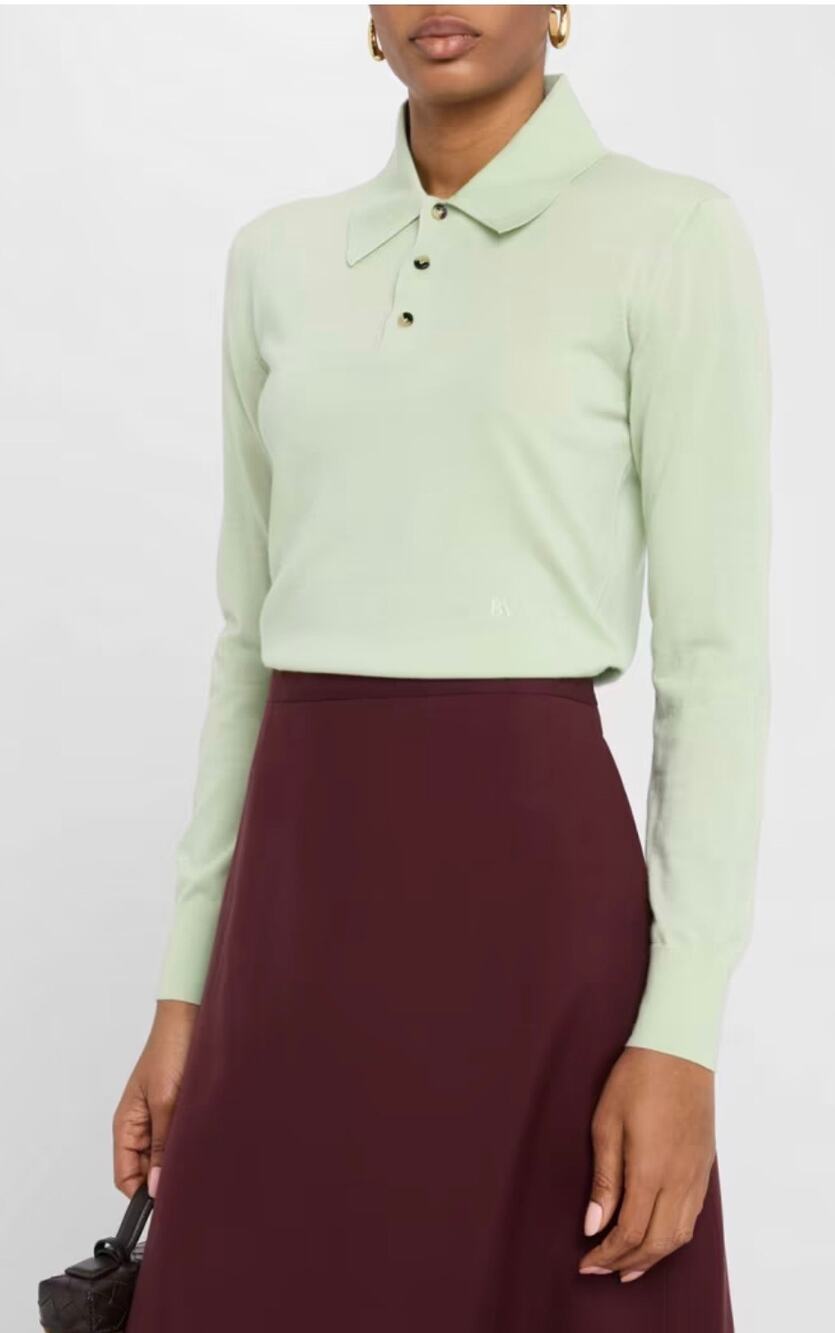 Bottega Veneta Long Sleeve Fine Cashmere Polo Sweater in Emerald Blue M